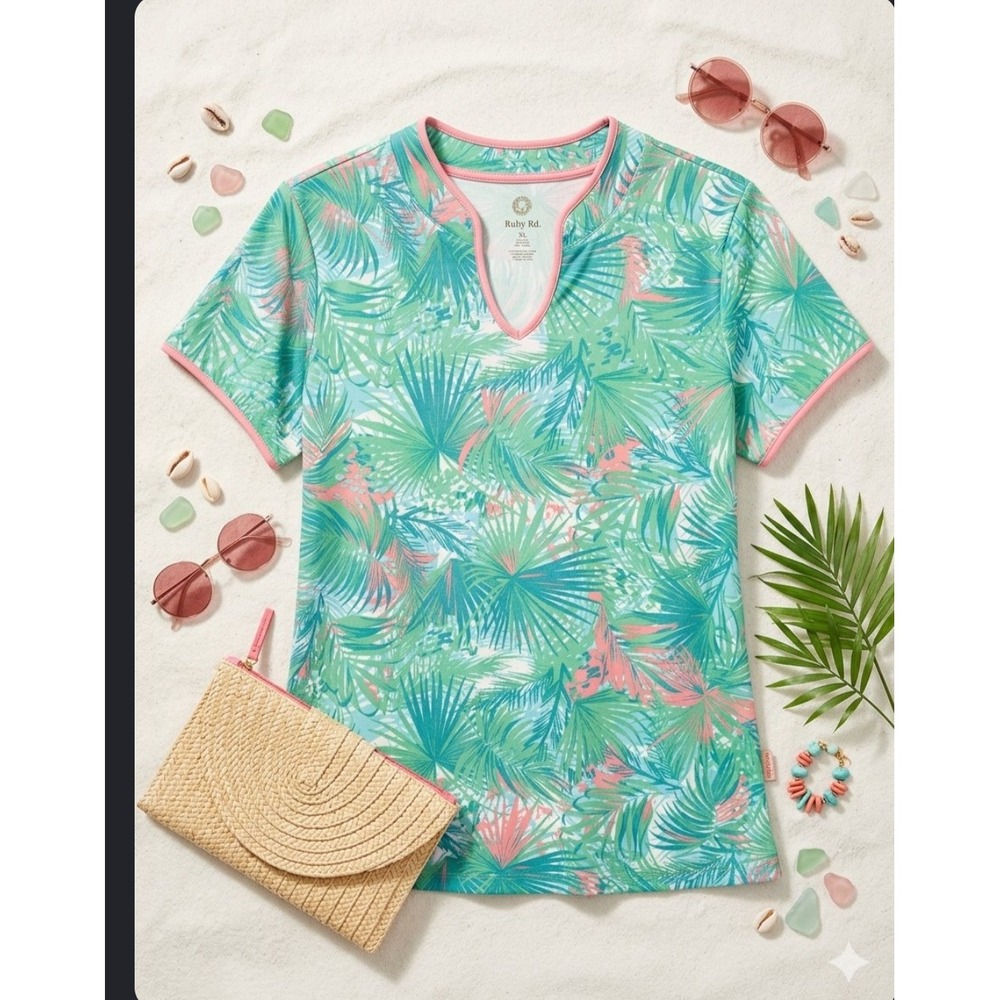 Ruby Rd Womens Tropical Palm Print Split Neck Short Sleeve Top XL Green Pink